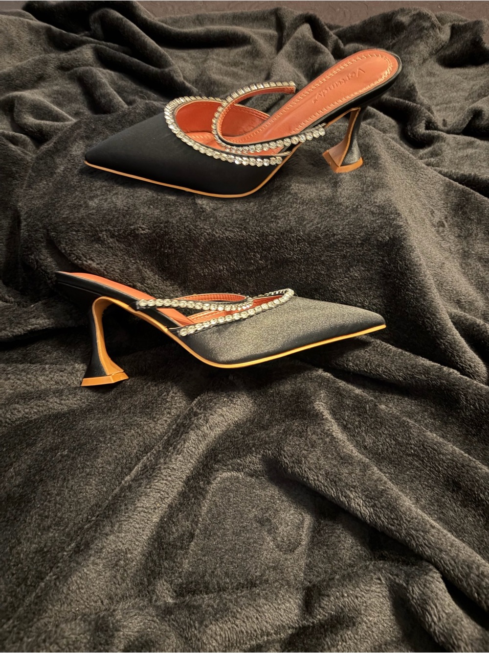Pointed Black Satin Slingback Heels with Crystal Trim